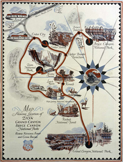 <p>Hand-drawn 1920s map showing the locations of Zion, Grand Canyon and Bryce Canyon National Parks along with the Kaibab National Forest and Cedar Breaks National Monument. Union Pacific Museum Collection.</p>
