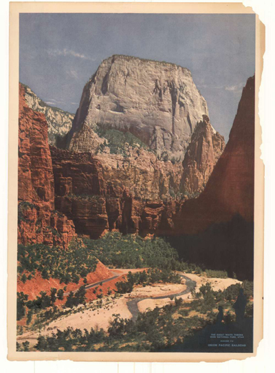 <p>Cover of promotional brochure featuring the Great White Throne at Zion National Park, c. 1938. Union Pacific Museum Collection.</p>
