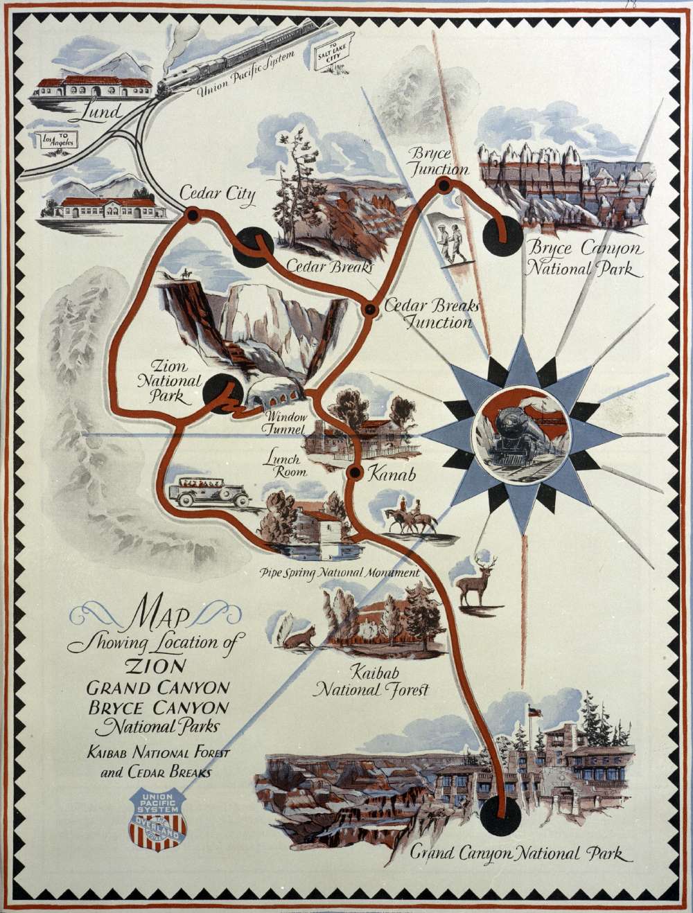 1920s Map of Zion, Grand Canyon and Bryce Canyon National Parks